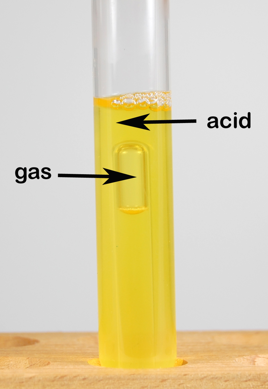 Photograph of a fermentation tube showing bacterial fermentation of a carbohydrate producing acid and gas end products. Acid end products from carbohydrate 
  fermentation lower the pH causing the pH indicator phenol red to turn from red 
  (neutral) to yellow (acid), and a large bubble seen at the top of the Durham tube indicates gas.